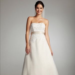David’s Bridal Strapless organza and lace gown